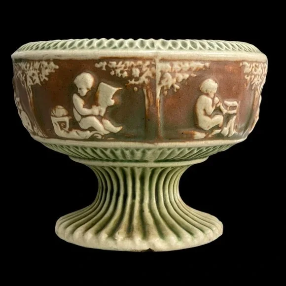 Vintage Early Roseville Pottery Donatello Footed Bowl Compote Cream, Green - Picture 2 of 15